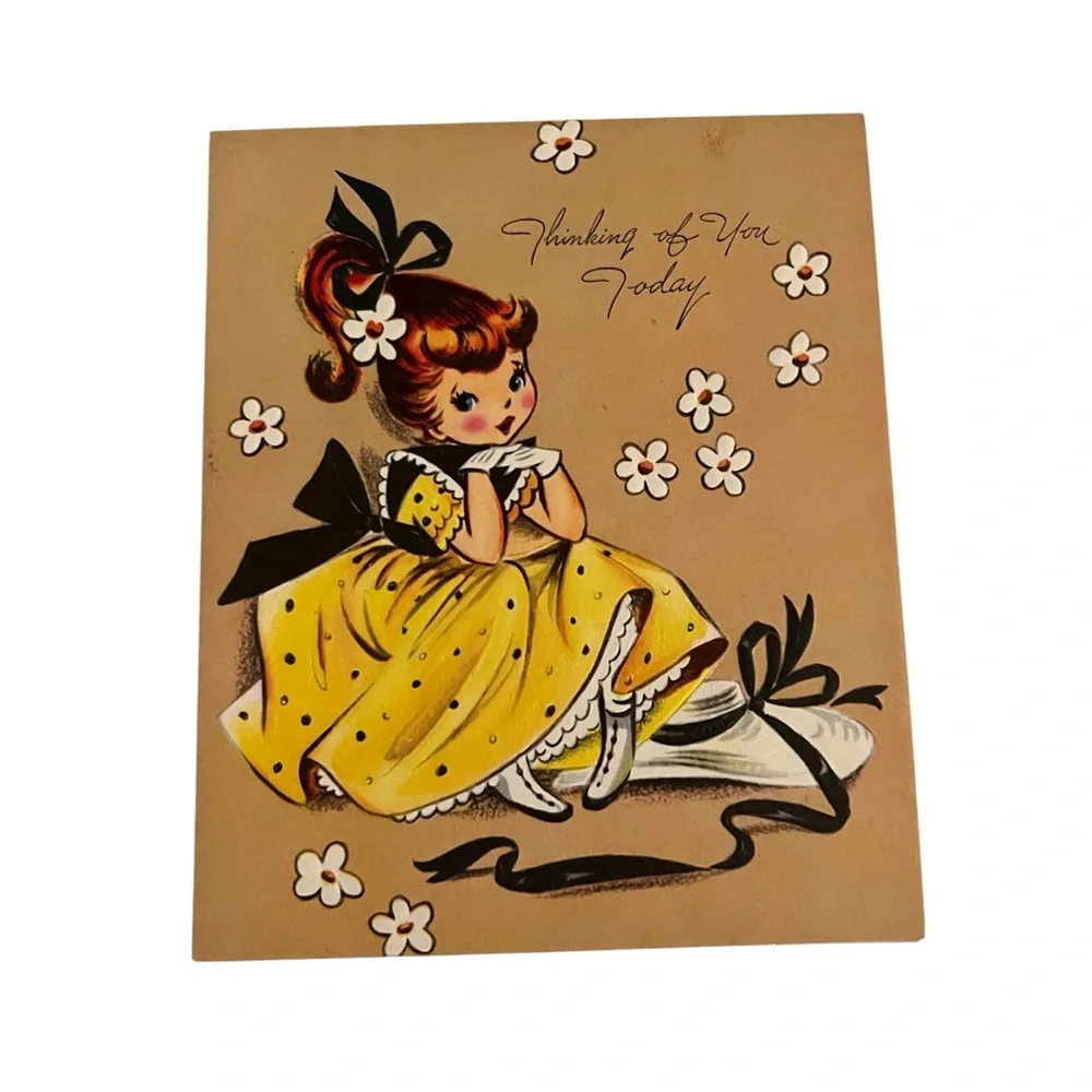 Unused Vintage 50s A Sunshine Greeting Card Thinking of You Yellow Dress
